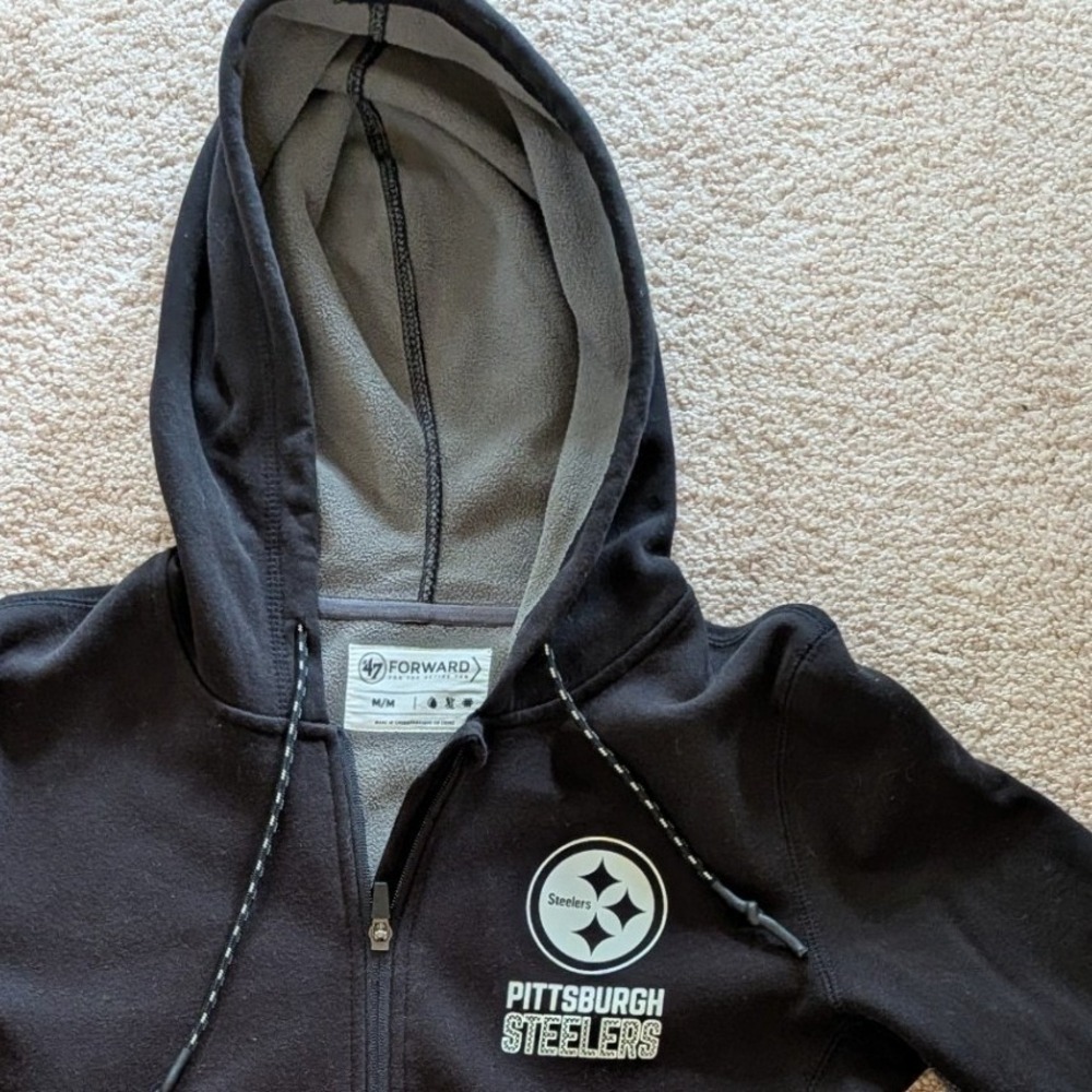 47 Brand Pittsburgh Steelers Full Zip Hoodie Jacket Forward Fleece Black Grey - Picture 2 of 8
